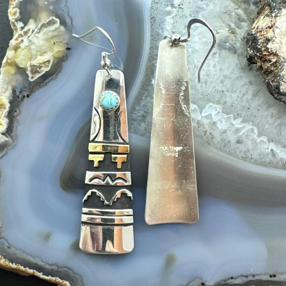 Tommy & Rosita Singer Sterling & Gold Filled Turquoise Elongated Dangle Earrings - Picture 7 of 10